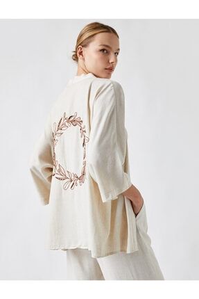 Sırtı Işlemeli Kuşaklı Şal Yaka Uzun Kollu Kimono 2KAK58381CW