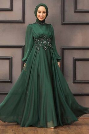 Tesettürlü Abiye Elbise - Dantelli Yeşil Tesettür Abiye Elbise 22150y EGS-22150