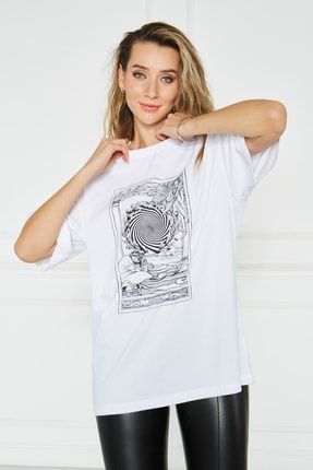 Beyaz Oversize Baskılı T-shirt BS-TK0232