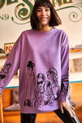 Kadın Lila Figürlü Oversize Sweatshirt SWT-19000452