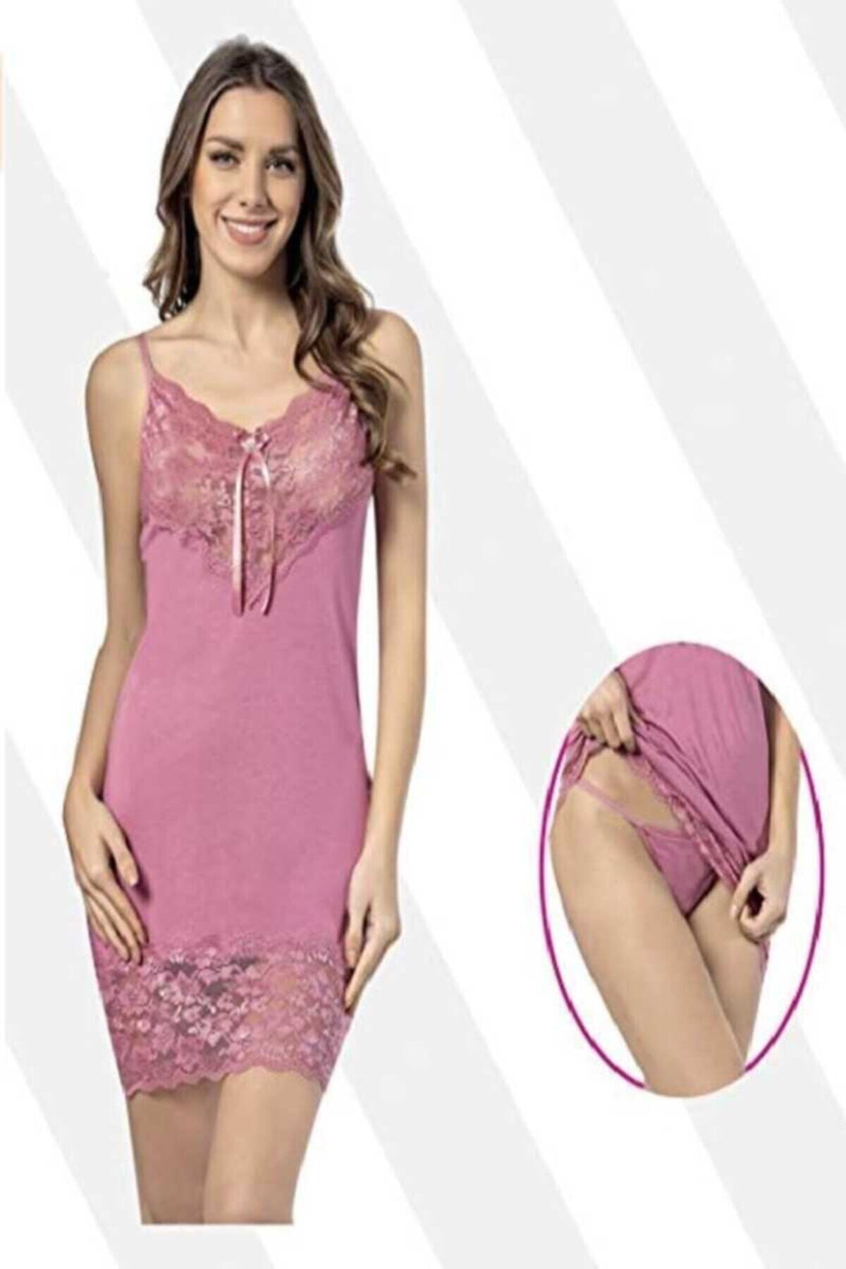 KOTA Kadın Gül Kurusu Takım Dantelli Fiyonklu Gecelik