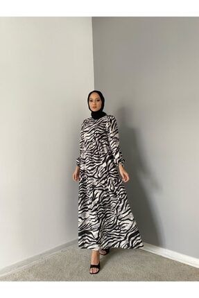 Kadife Zebra Desen Elbise 00001119