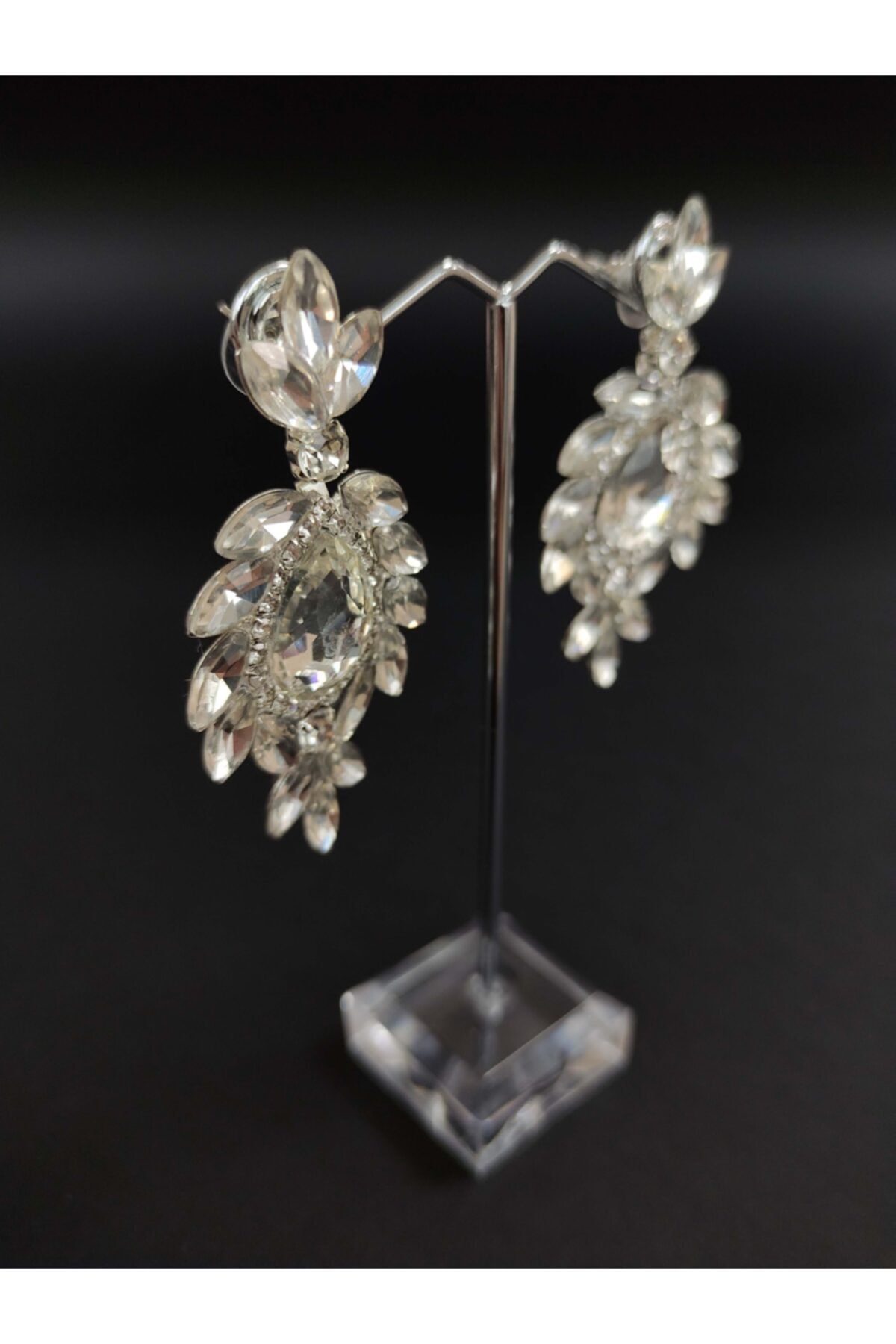 Türkay Aksesuar-White Crystal Stone Henna Wedding Bridal Earrings 2