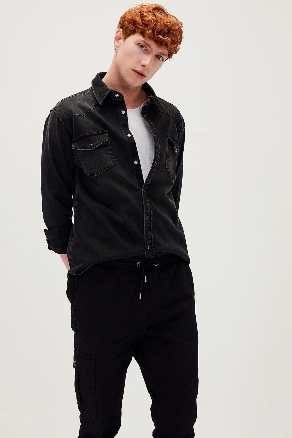 Dark denim shirt best sale men