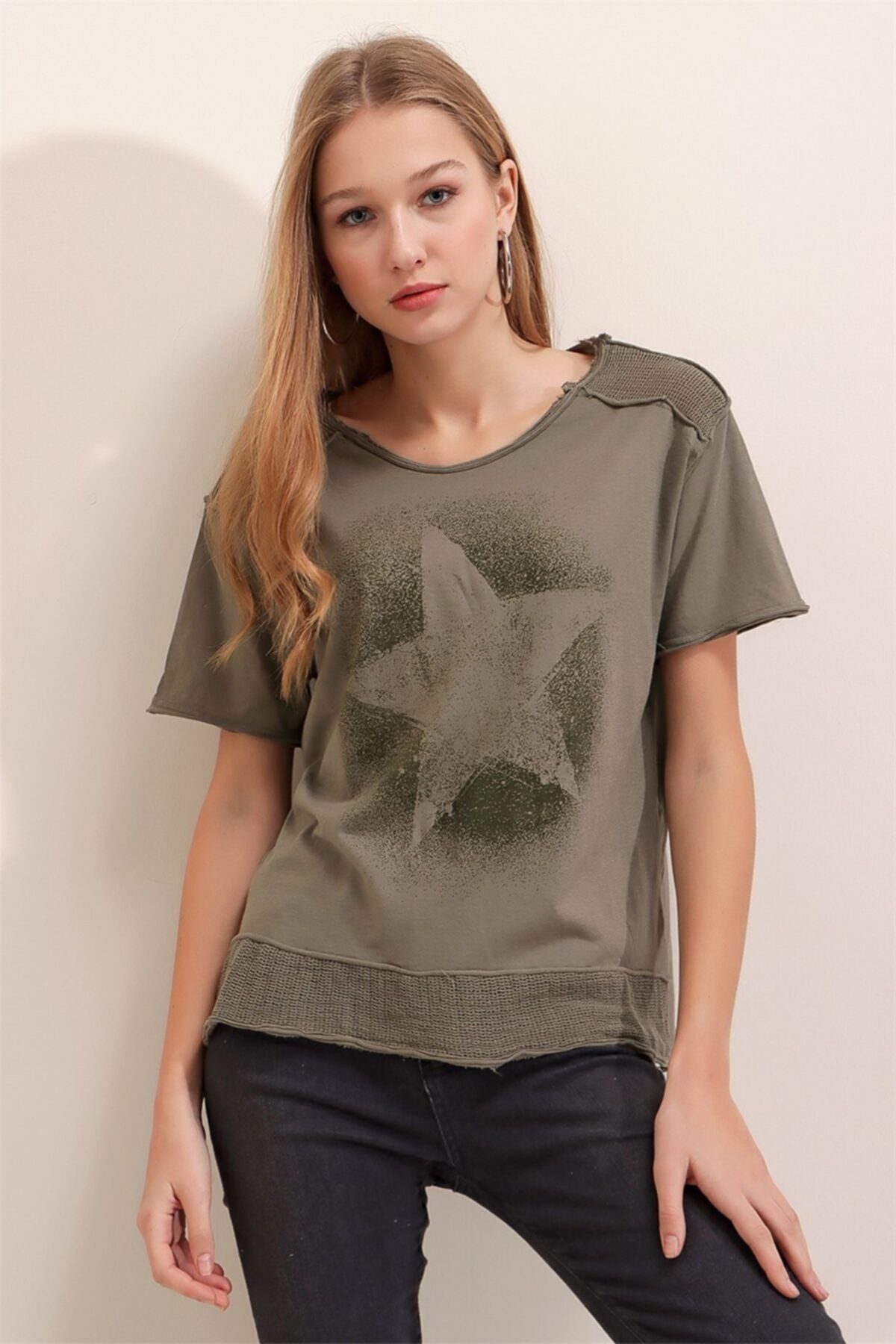 AQE FASHION Tricou De Damă Kaki Spălat Cu Stea Cu Imprimeu Din Plasă Femeie - 2XL