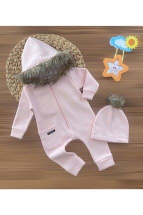 Kapüşonlu Bereli Kalın Kışlık Kumaş Somon Renk Kız Bebek Tulum Seti fashion231