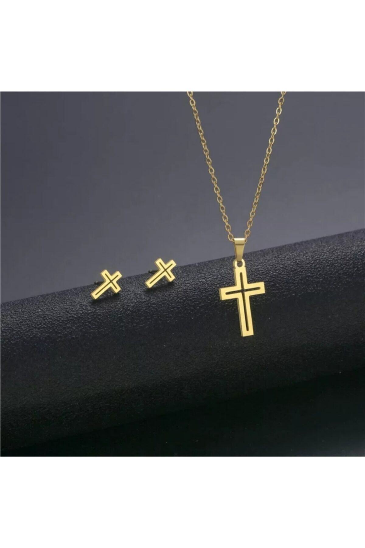 Nida Jewelry Gümüş Haç Kolye Küpe Seti