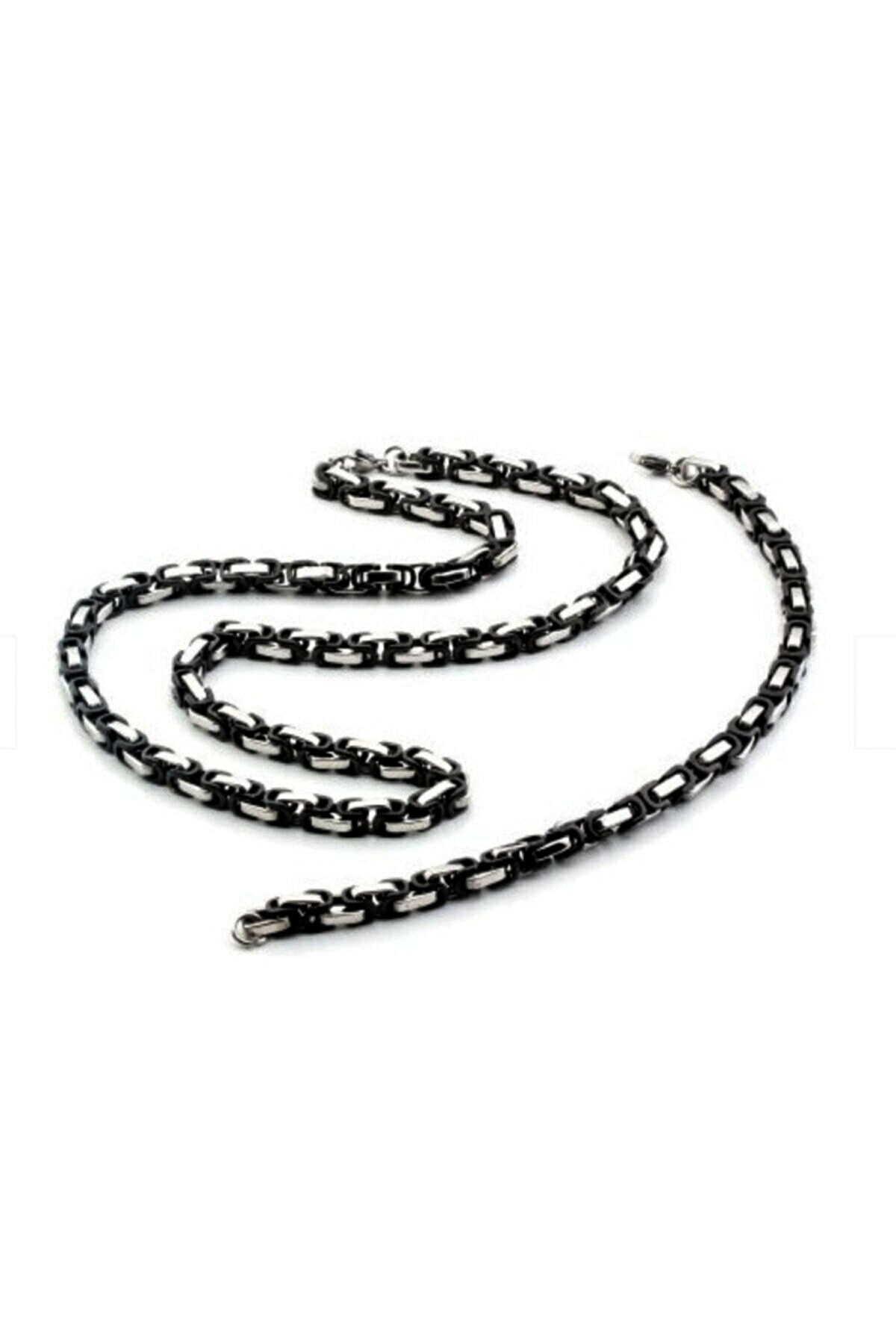 Erkek Gri-siyah Çelik 4 Mm Kral Model Kolye Bileklik Set 2