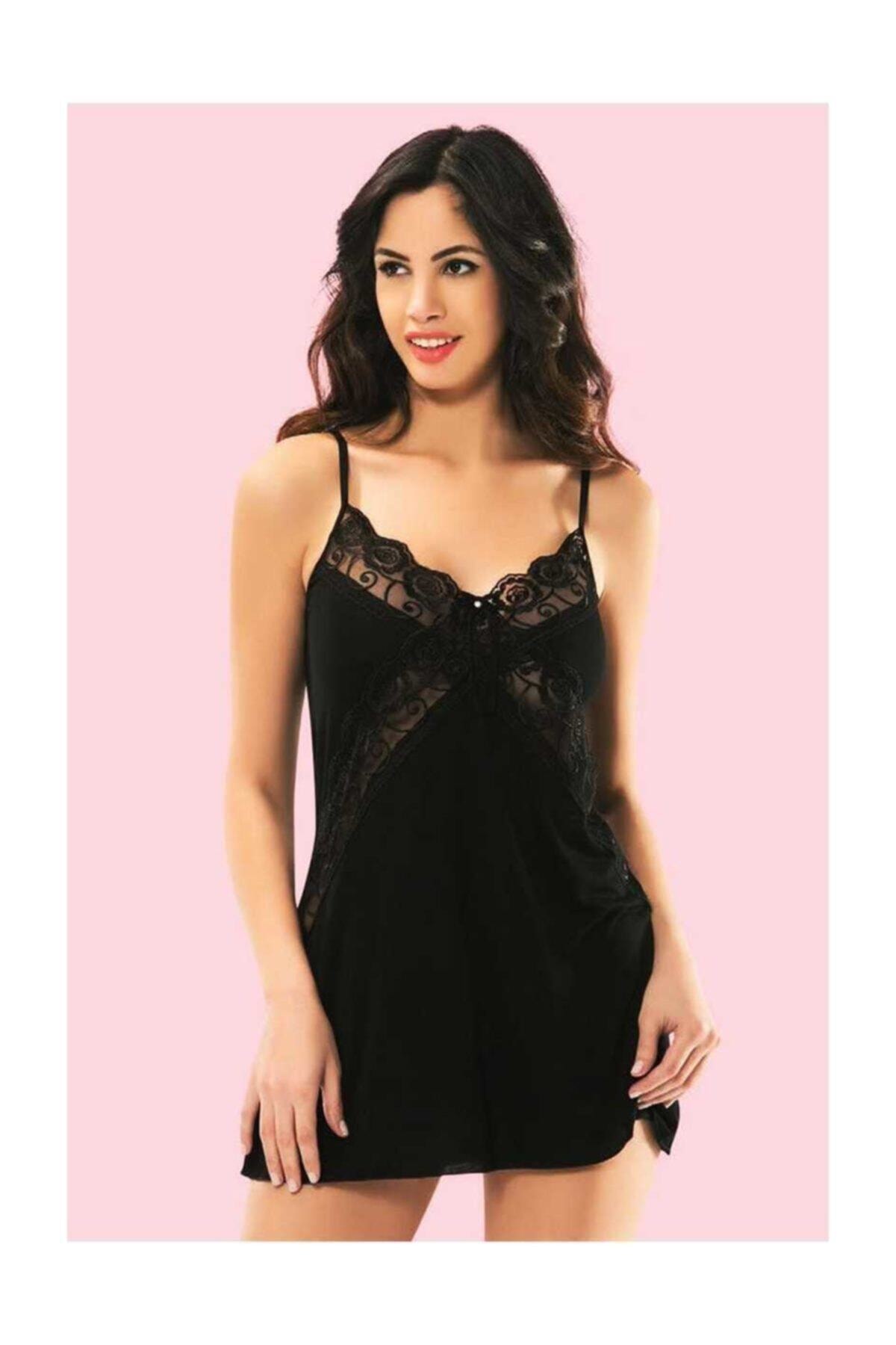 KOTA Ulus Kadın Gecelik Takım Dantelli Siyah Lxl