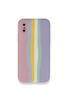 Iphone X-xs Plus Tam Silinebilir Sıvı Silikon Rainbow Desenli Içi Kadife Silikon Kılıf EBRU24