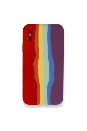 Iphone X-xs Plus Tam Silinebilir Sıvı Silikon Rainbow Desenli Içi Kadife Silikon Kılıf EBRU24