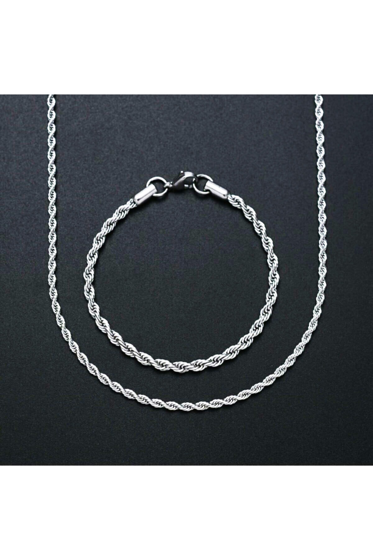 Unisex Gümüş Kaplama Ince Burgu Kolye Bileklik Set 3