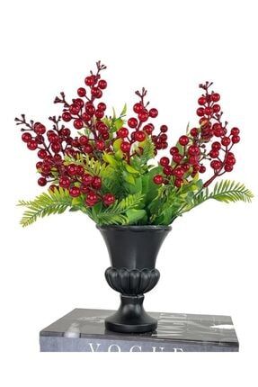 Yapay Çiçek Siyah Mat Mini Antik Cam Vazoda Yılbaşı Çiçeği Kırmızı Kokina 55172