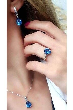 Sky Diamond Blue Creative Sapphire 925 Ayar Gümüş Lüks Set Takım 91442057