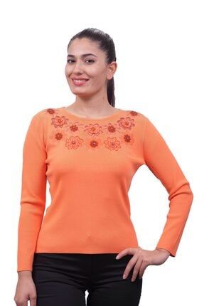 Kadın Ithal Swarovski Taş Ve Boncuk Işlemeli El Işi Uzun Kol Oranj Triko Bluz SUDE-2057
