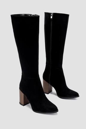 Danita Siyah Süet Sivri Burunlu Kalın Yüksek Topuklu Fermuarlı Çizme 22LUK3526