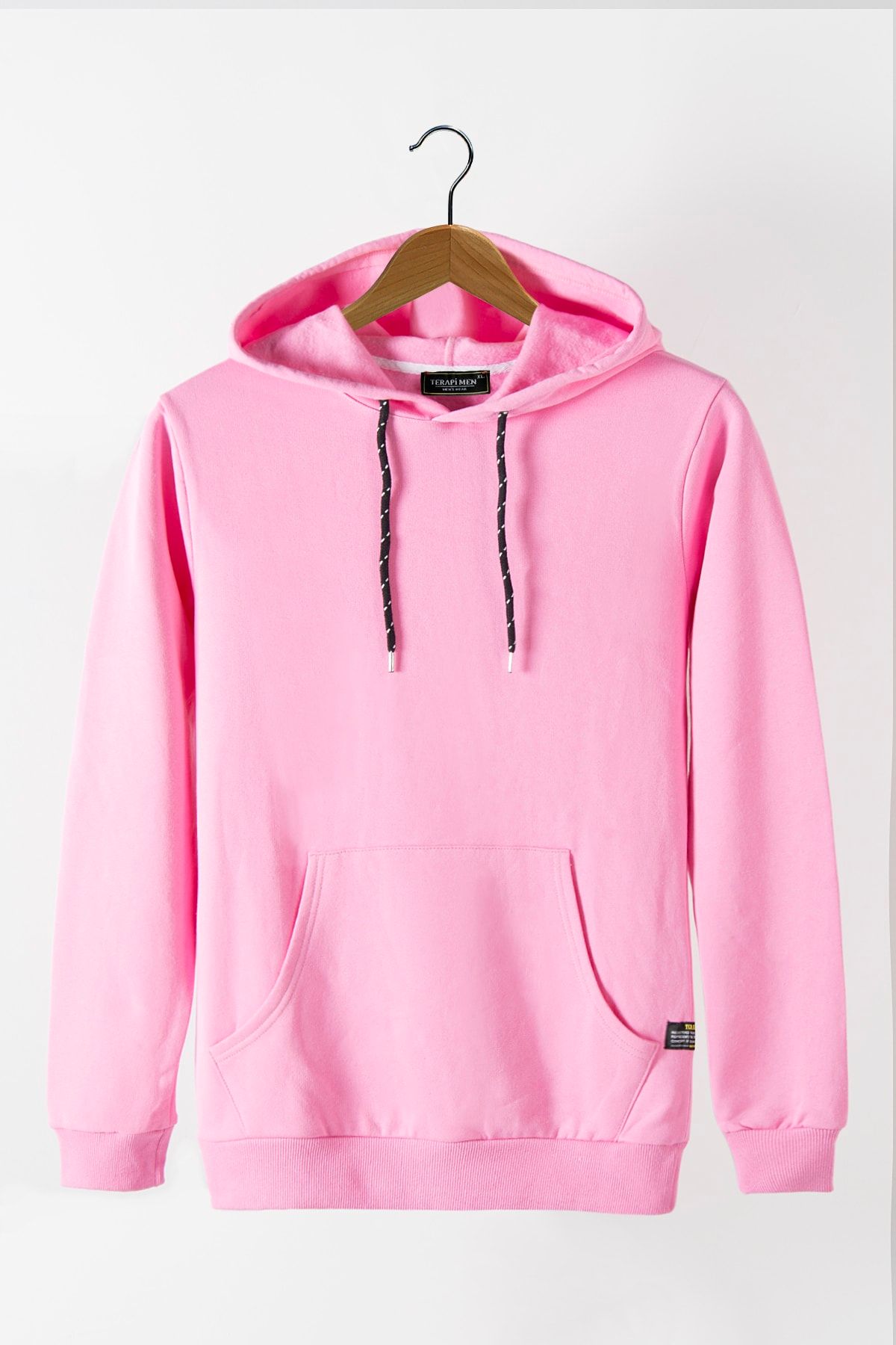 VEAVEN-Men's Pink Hooded Kangaroo Pocket Basic Sweatshirt 1