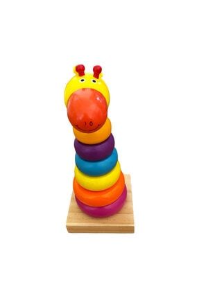 Ahşap Eğitici Renkli Kule Halka Dizme Oyunu Oyuncak - Sevimli Zürafa MONTESSORI AHSAP KULE
