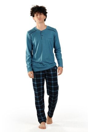 Erkek Mavi Ekoseli Düğmeli Yaka Kışlık Uzun Kollu Pijama Takımı 6015 M6015