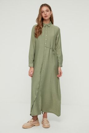 Yeşil Yandan Bağlamalı Dokuma Gömlek Elbise TCTSS22EB0025