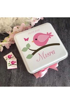 Mini Kare Metal Kutuda 30 Adet Kız Bebek Çikolata - Kuş 4206-t