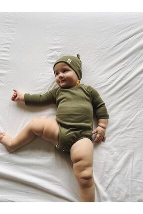Uzun Kollu Body Çıtçıtlı Zıbın Bebek Haki Yeşil %100 Pamuk HZBN0001