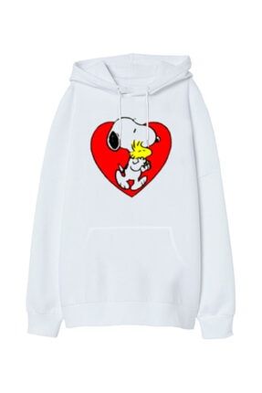 Peanuts Snoopy And Woodstock Oversize Unisex Kapüşonlu Sweatshirt TD291747