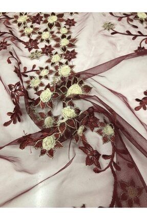 Kırmızı Altın 3 Boyutlu Çiçek Işlemeli Dantel Kumaş Dantel06