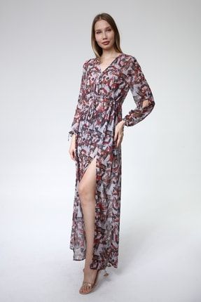 Elbise Şifon Uzun Yırtmaçlı Kol Kup Altı Bağcıklı Desenli Grı 2163000612710