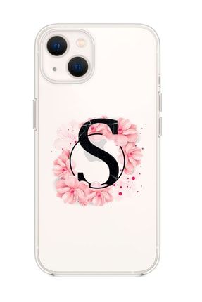Iphone 13 Pembe Çiçek Desen S Harfli Premium Şeffaf Silikon Kılıf MCIP13SPC