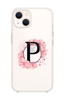 Iphone 13 Pembe Çiçek Desen P Harfli Premium Şeffaf Silikon Kılıf MCIP13SPC