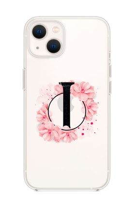 Iphone 13 Pembe Çiçek Desen I Harfli Premium Şeffaf Silikon Kılıf MCIP13SPC