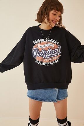 Kadın Siyah Vintage Oversize Sweatshirt Sweatshirt-Vintage