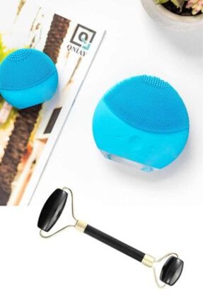 Şarj Edilebilir Mavi Yüz Temizleme Cihazı + Jade Roller Siyah 2'li Yeşim Taşı Masaj Aleti Qniay-CiltBakımsetler066
