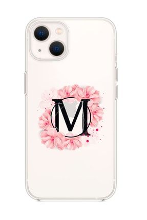 Iphone 13 Uyumlu Pembe Çiçek Desen M Harfli Premium Şeffaf Silikon Kılıf MCIP13SPC