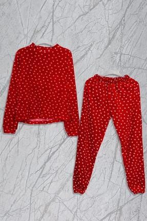 Kalp Baskılı Kadife Kırmızı Pijama Takımı 95-66003-00560