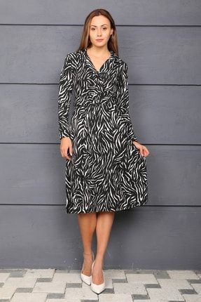 Kadın Siyah Zebra Desenli Cep Detaylı Kemerli Kruvaze Elbise MDTRN18337