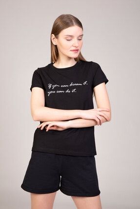 Kadın Siyah Nakış Detaylı Kısa Kollu T-shirt BS-TK0115