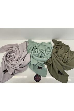 Kadın 3lü Pamuk Caz Şal Kombini - Gri, Mint Yeşili, Haki Yeşili Şal Modelleri - Shawl Lycra Hijab 15300007