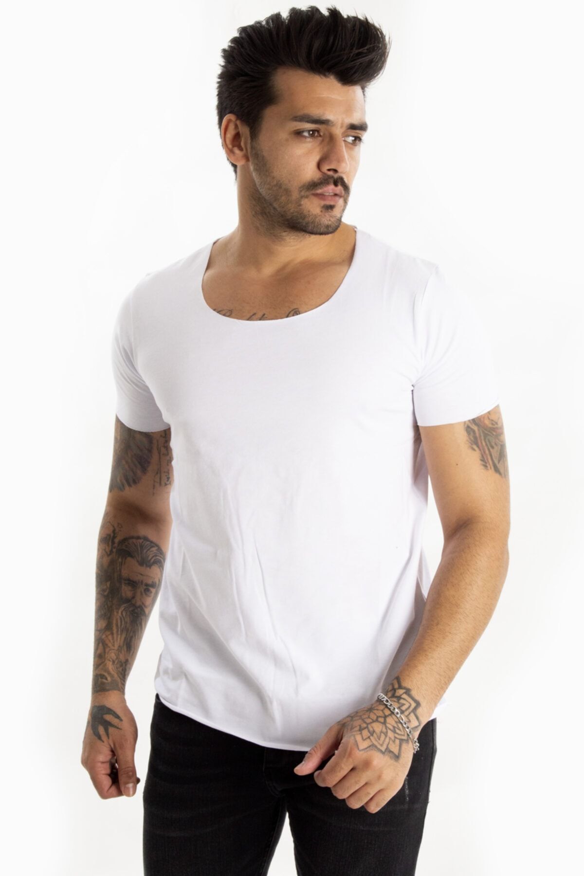 DeepSEA-Tricou alb cu guler lat din Lycra Guler oval Fusta slim Fit Tricou oval cu guler deschis 1801199 4