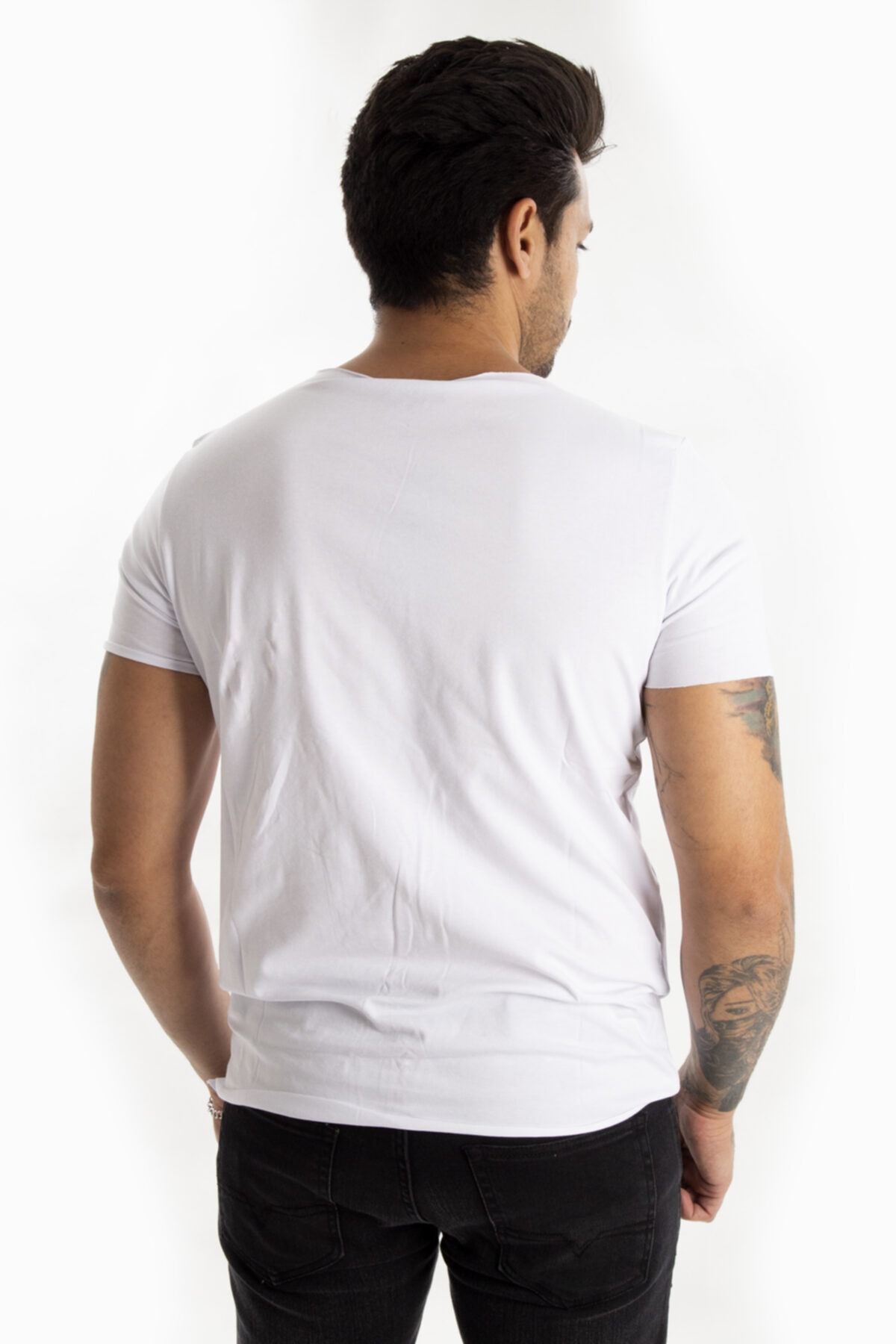 DeepSEA-Tricou alb cu guler lat din Lycra Guler oval Fusta slim Fit Tricou oval cu guler deschis 1801199 5