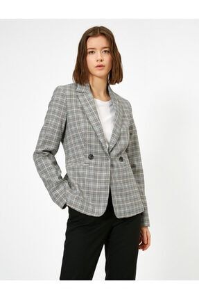 Kadın Gri Ekoseli Blazer Ceket 0YAK56271IW