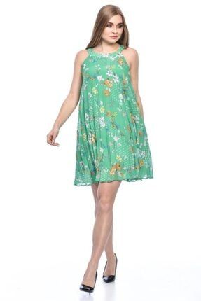 Askılı Sıfır Kol Astarlı Pileli Çiçekli Yeşil Kadın Elbise ELB.1598-CCKYSL-CY1598