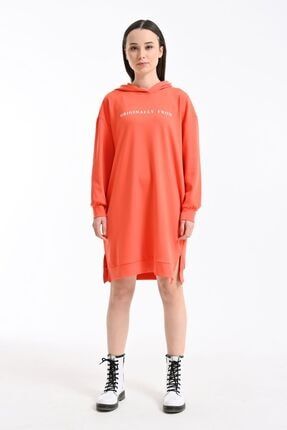 21317-kadın Kapüşonlu Oysho Kalite Uzun Sweatshirt - Oranj