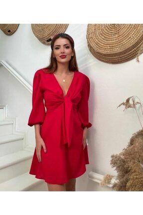 Kadın Kırmızı Derin Dekolte Göbekten Bağlamalı Elbise 10591