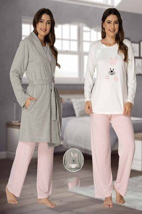 Tavşan Desen Işlemeli Sabahlıklı Lohusa Pijama Takımı Effortt 3090 MA