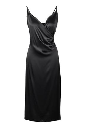 Kadın Siyah Gögüs Kısmı Detaylı Yırtmaclı Saten Elbise LG-OZ209-STN