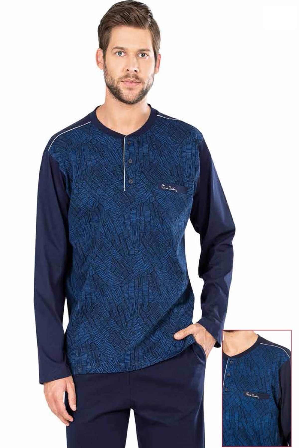 ست پیژامه آبی مردانه لباس خواب Jacquard با جعبه جهیزیه 5466 Pierre Cardin