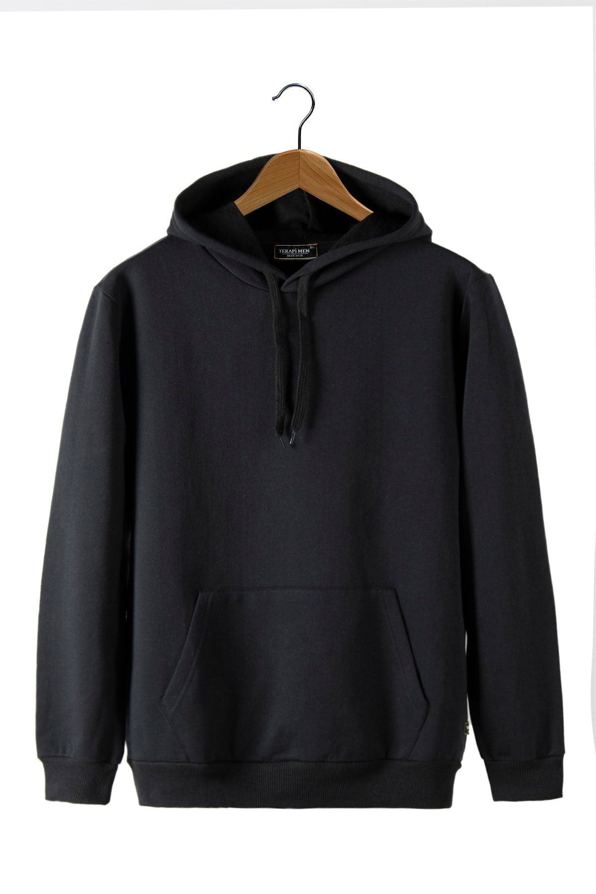 VEAVEN-Men's Black Hooded Kangaroo Pocket Basic Sweatshirt 1