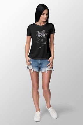 Kedi Baskılı Dar Kesim Kadın Siyah T-shirt ESST2021001KDNTS
